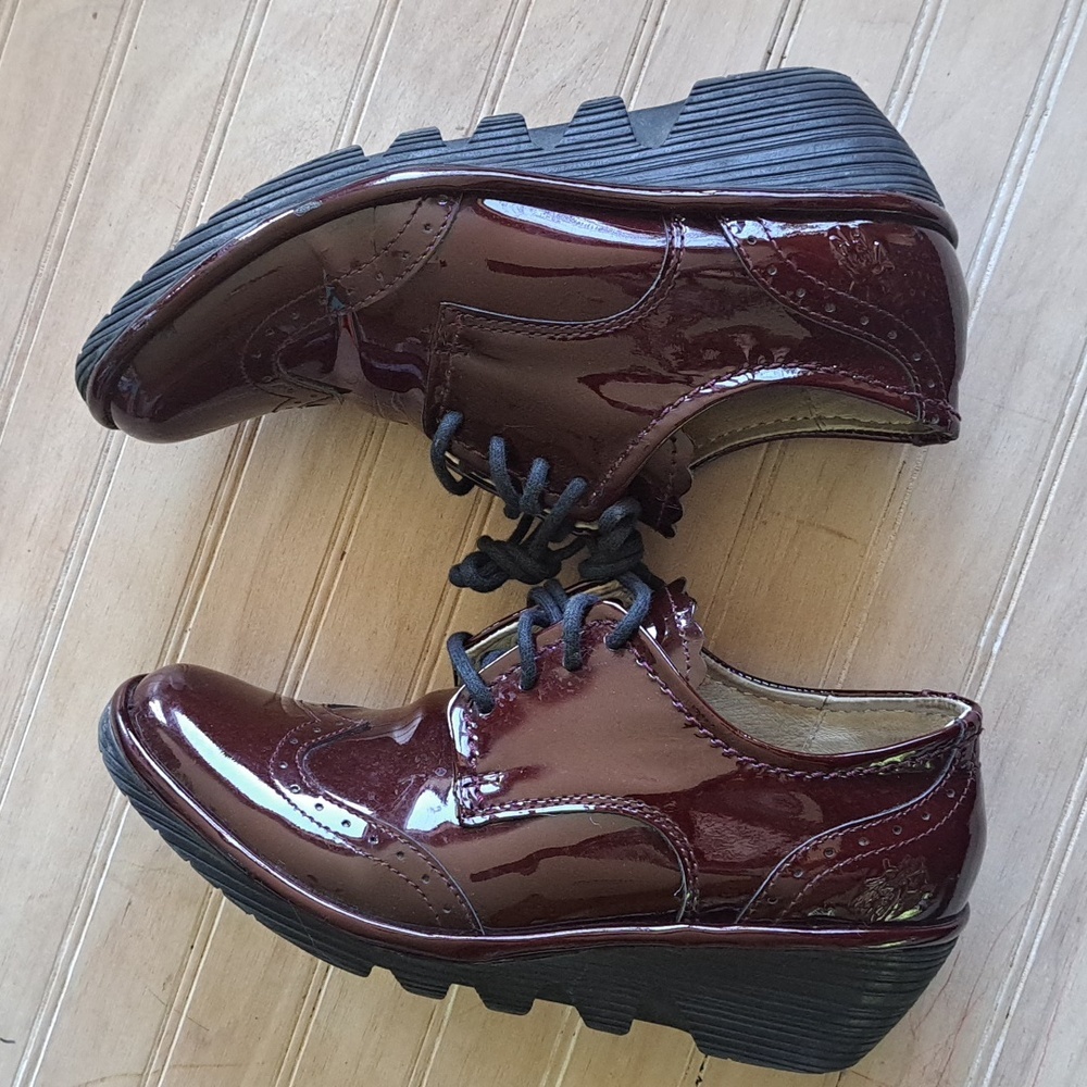 Fly London Oxford Lace Up Burgundy Patent Leather Wedge Comfort Shoes - Picture 7 of 13